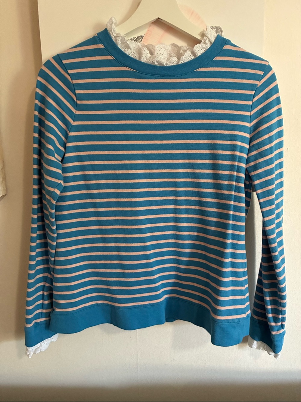 Boden Blue and Pink Striped Crewneck Sweater with Lace Trim